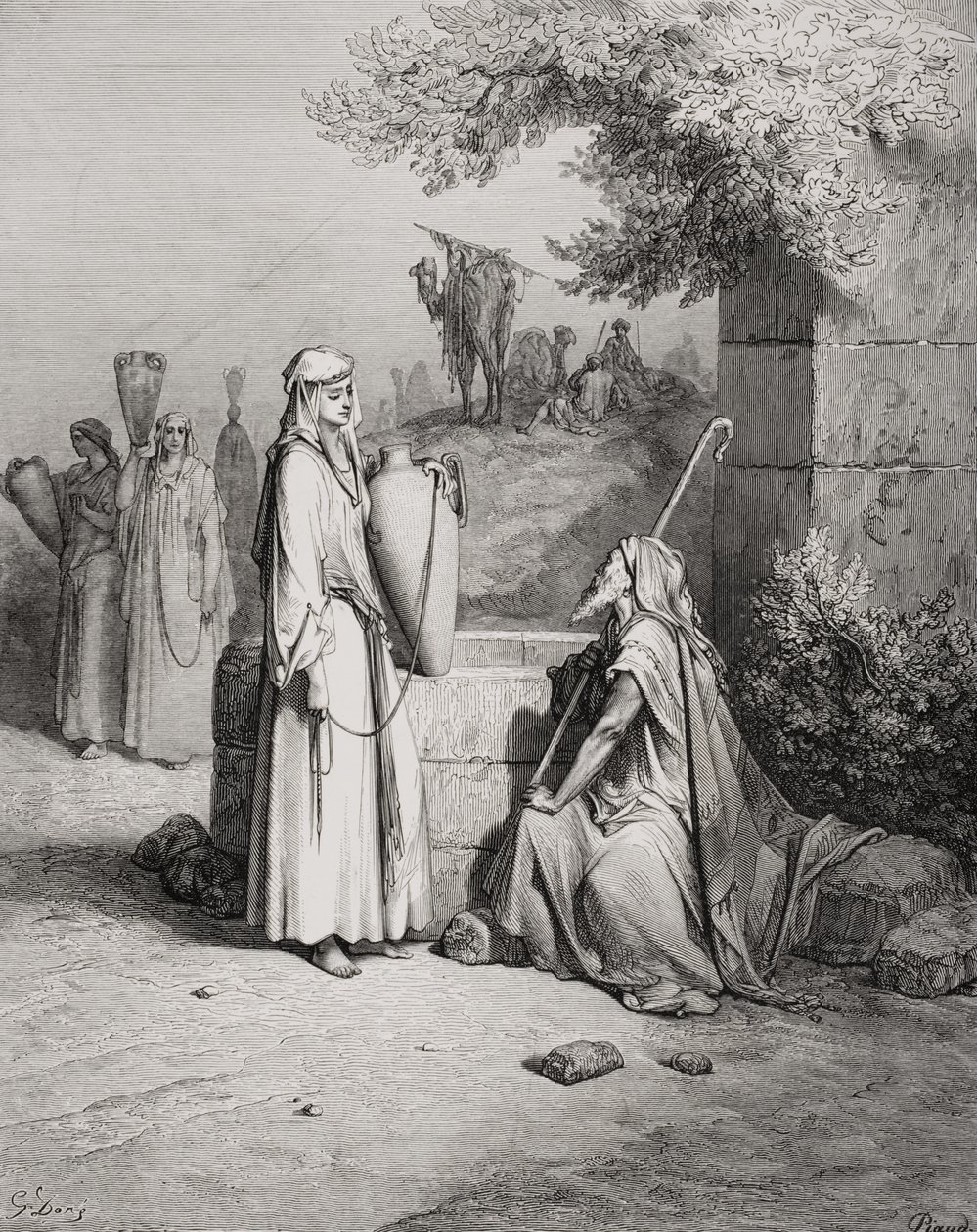 Eliezer og Rebekka, 1. Mosebok 24:15-21, illustrasjon fra Dores 