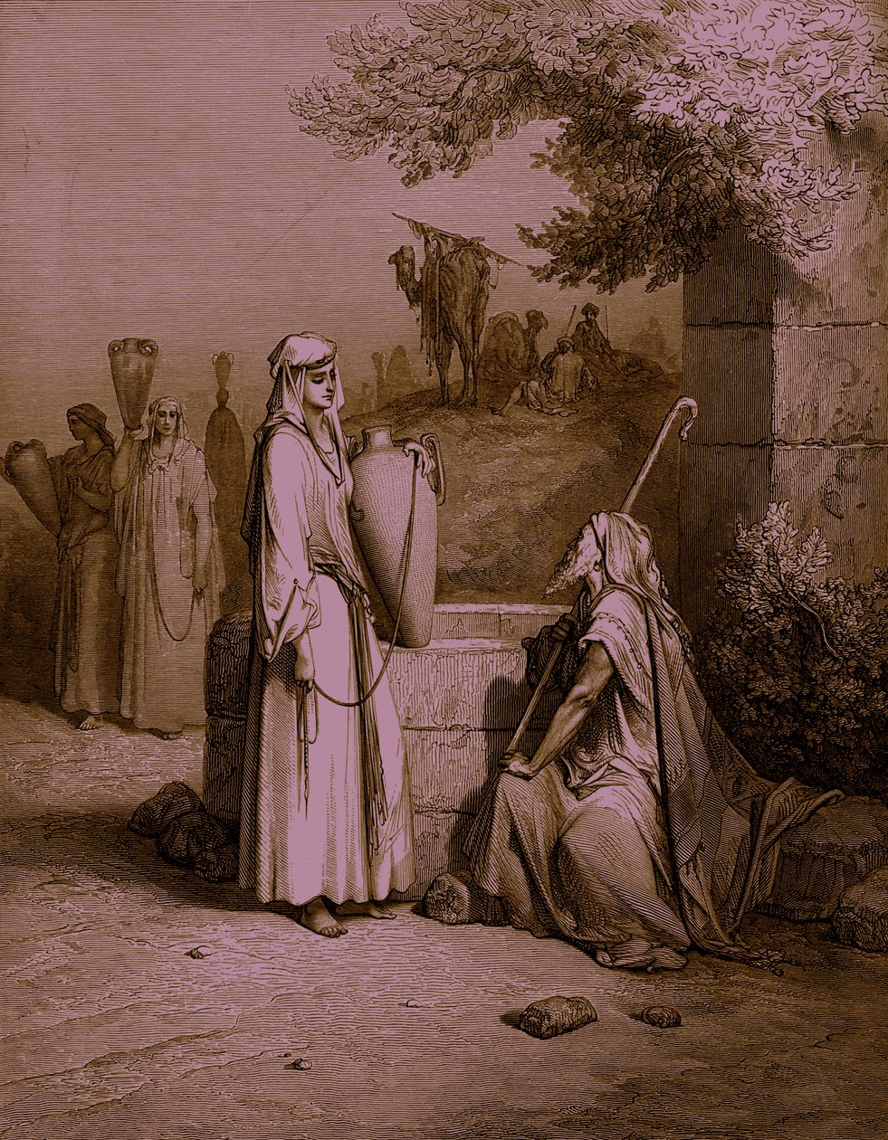 Eliezer and Rebekah / Rebecca, engraving by Doré. - Bible av Gustave Dore