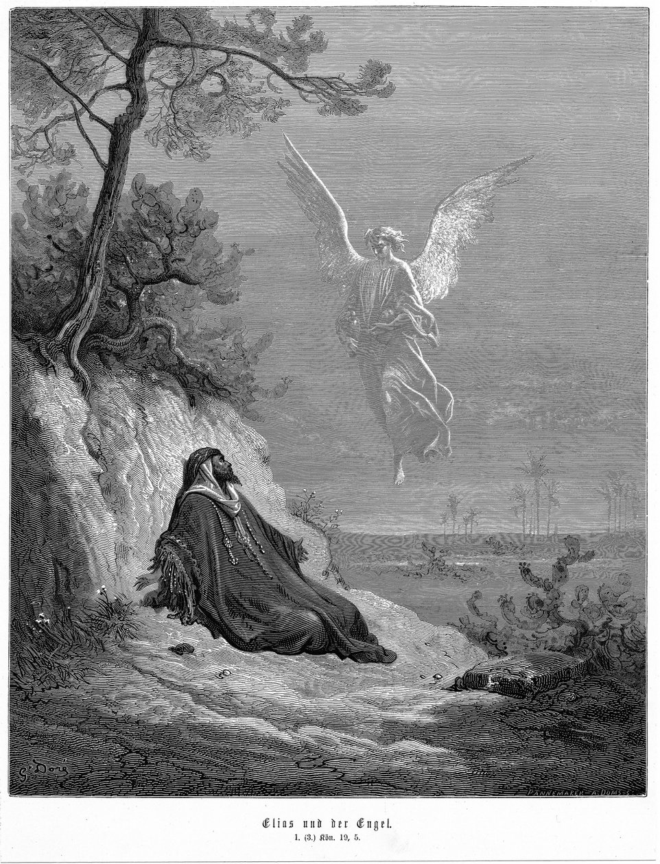 Elia drar ut i villmarken og ber om å få dø, men engel kommer og ber ham 'Stå opp og spis'. Bibel 1 Kongebok 19.5. Fra Gustave Dore Bibelen 1865-1856. Tregravering av Gustave Dore
