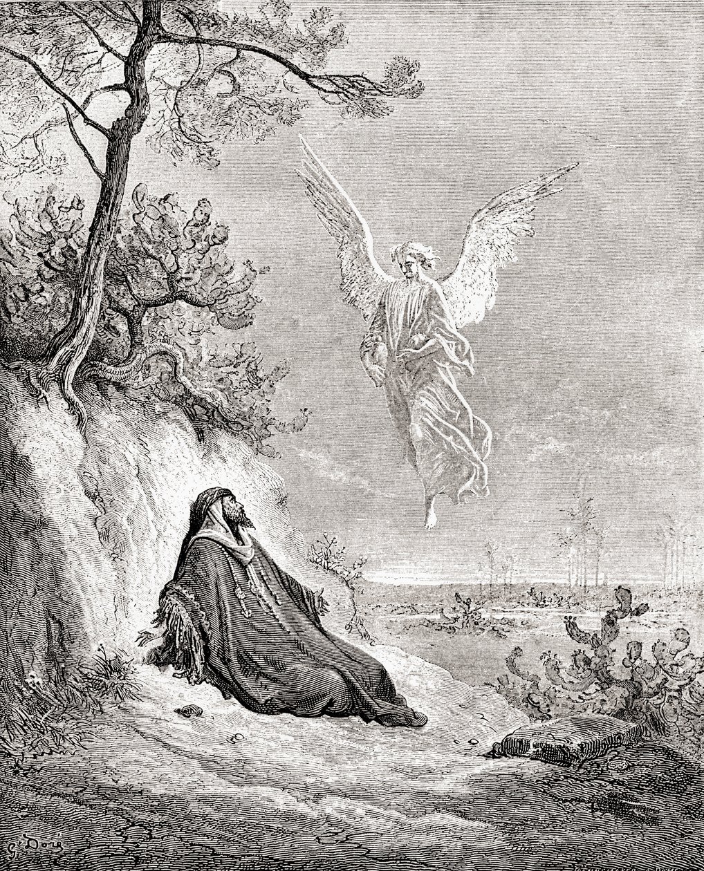 Elias næret av en engel. Etter et verk fra Bibelen av Gustave Dore. From Life and Reminiscences of Gustave Dore, utgitt 1885. av Gustave Dore