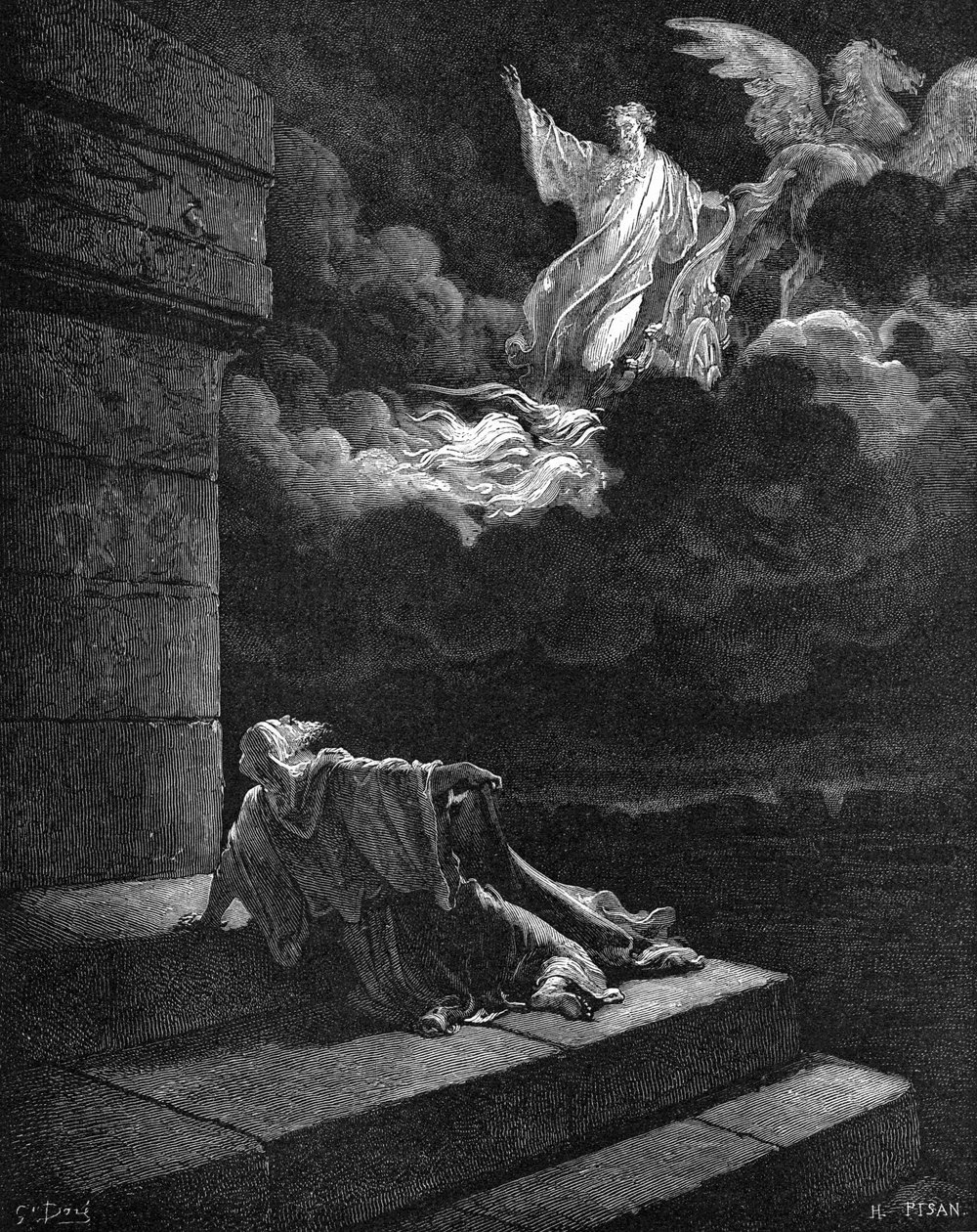 Elias går opp i en ildvogn av Gustave Dore