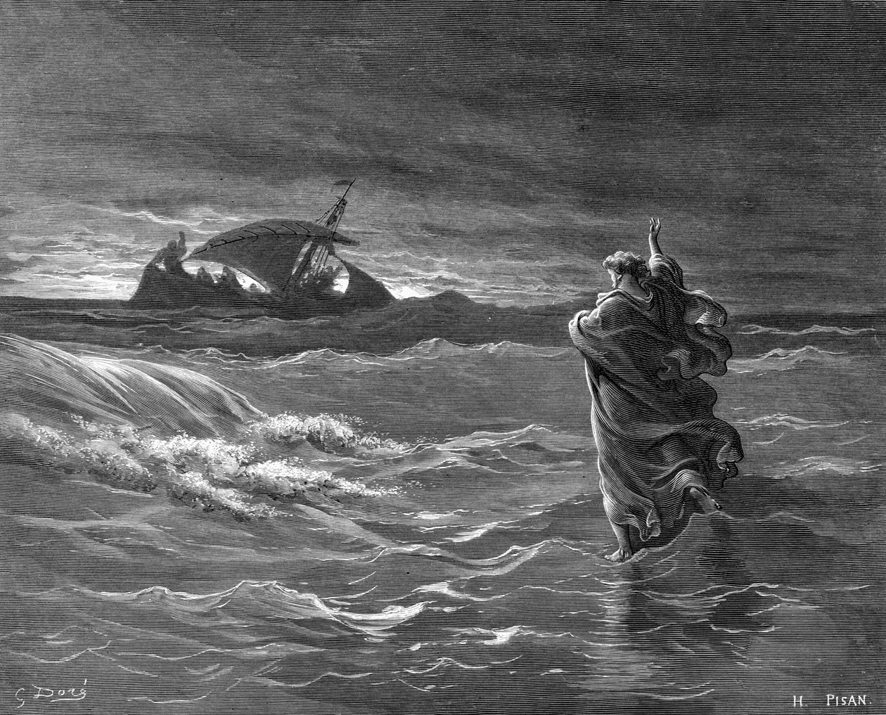 Gravering av Jesus gående på vannet av Gustave Dore