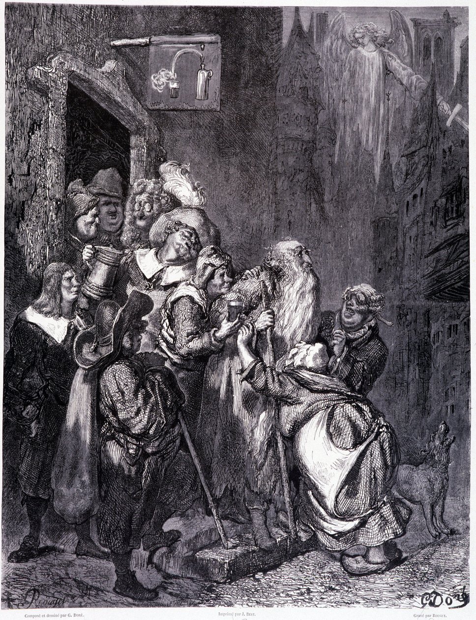 Gå inn i dette gjestgiveriet, plate IV - Illustrasjon av Gustave Dore (1832-1883), for La legende du Jeif wandering av Pierre Dupont, utgave Librairie du magasin picturesque, Paris 1862 av Gustave Dore