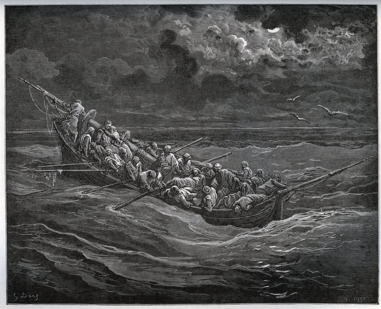 Flukt fra Zoraide med fangen i båten full av rømninger fra Alger til Spania - fra "Don Quixote de la Mancha"" av Miguel Cervantes (1547-1616) (Don Quixote) - Tresnitt etter tegning av Gustave Dore av Gustave Dore