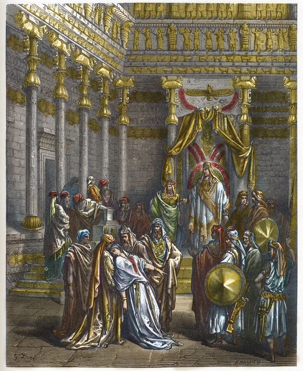 Ester besvimer for kongen av Persia Assuerus 1. (Xerxes 1.) - Dronning Ester besvimer foran kong Ahasverus - - gravering i "The Bible illustree" av Gustave Dore (1832-1883) - Gravering fra "" The Dore Bible"" av Gustave Dore
