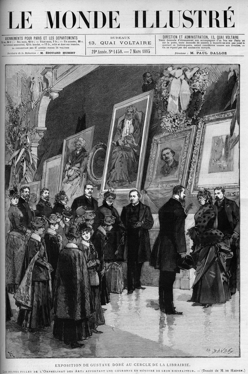 Utstilling av Gustave Dore (1832-1883), fransk illustratør og maler, i bokhandelskretsen. Gravering i ""The Illustrous World"" av Gustave Dore