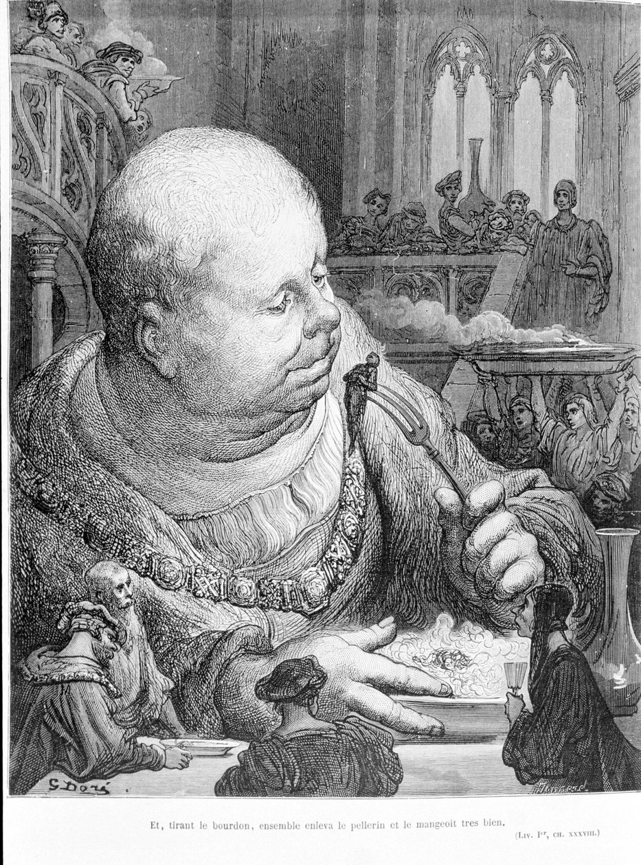 Utdrag fra Gargantua (1534) av François Rabelais (1483 - 1553): Og ved å trekke humla, fjernet de sammen pellerinen og spiste den veldig godt. Gravering av Gustave Dore (1823-1883) av Gustave Dore