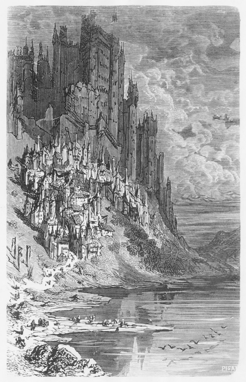 Fantasilandskap med by og slott, illustrasjon fra 