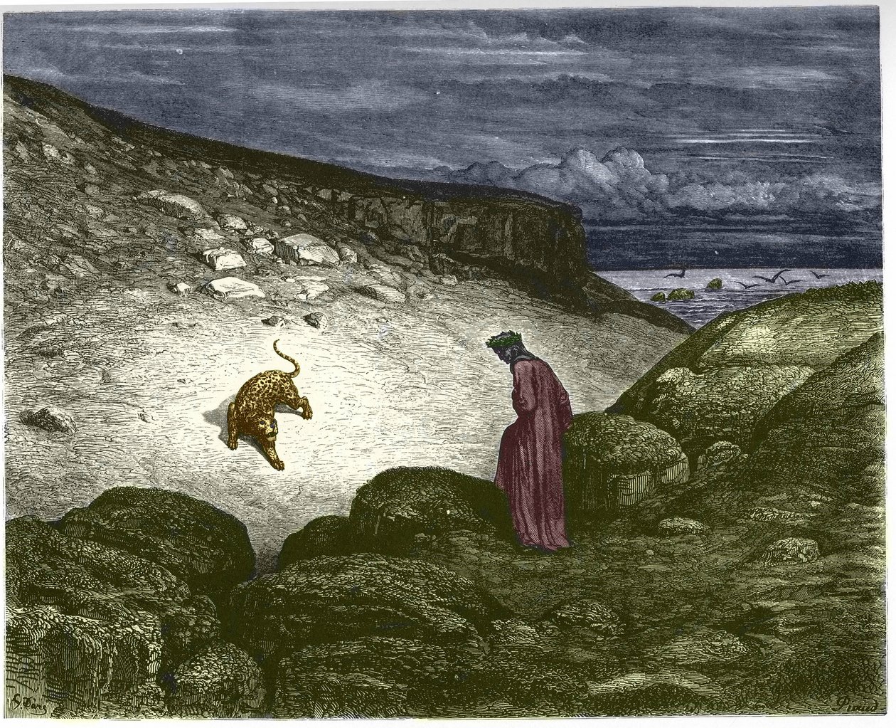 Første sang av helvete, en panter motsetter seg Dantes passasje. Illustrasjon av Gustave Dore av Gustave Dore