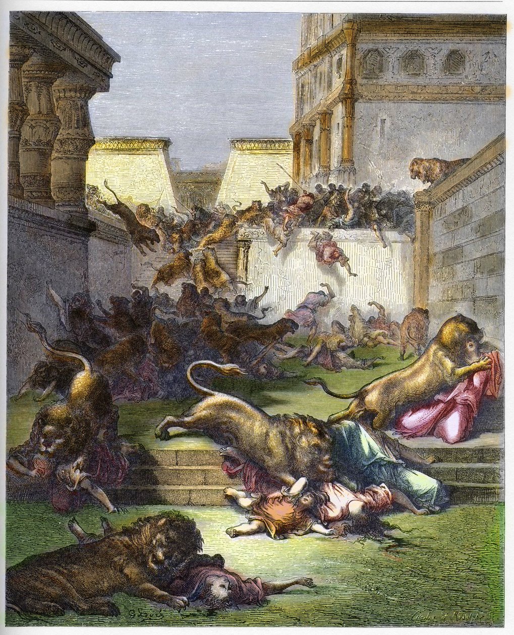 Foreigners devoured by lions in Samaria - Old Testament. People devoured by lions in Samaria - engraving in “The Bible illustree” by Gustave Dore (1832-1883) - Engraving from “” The Dore Bible”” av Gustave Dore