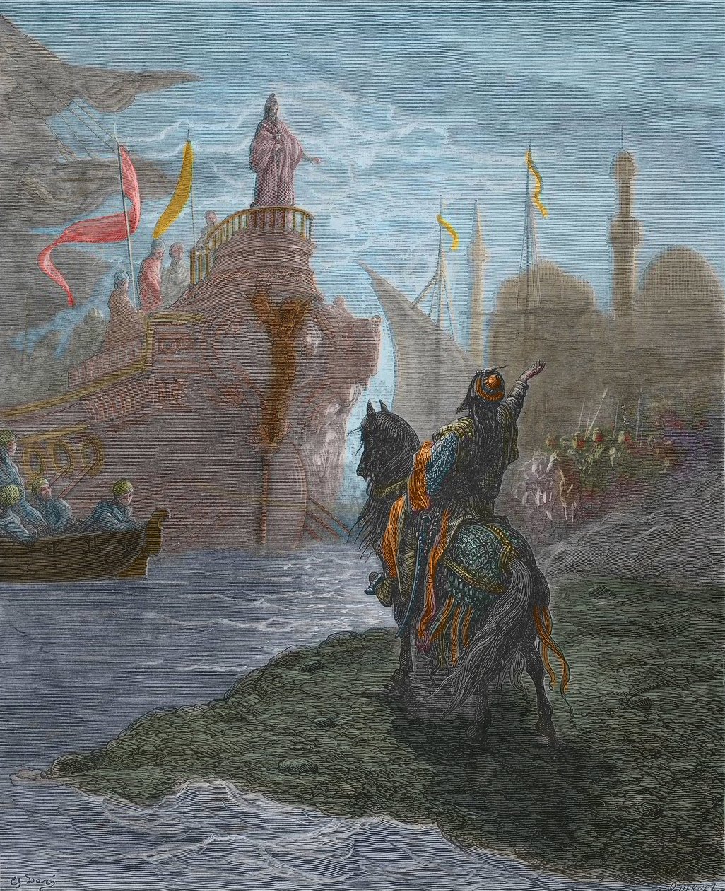 Fjerde korstog - Fjerde korstog - Alexis V Doukas Murzuphle (1140-1204) - Murzuflo (Alessio Ducas) forhandler med Doge Enrico Dandolo (1107-1205), en 1204. gravering av Gustave Dore (1832-1883) fra History of the Crusades av Gustave Dore