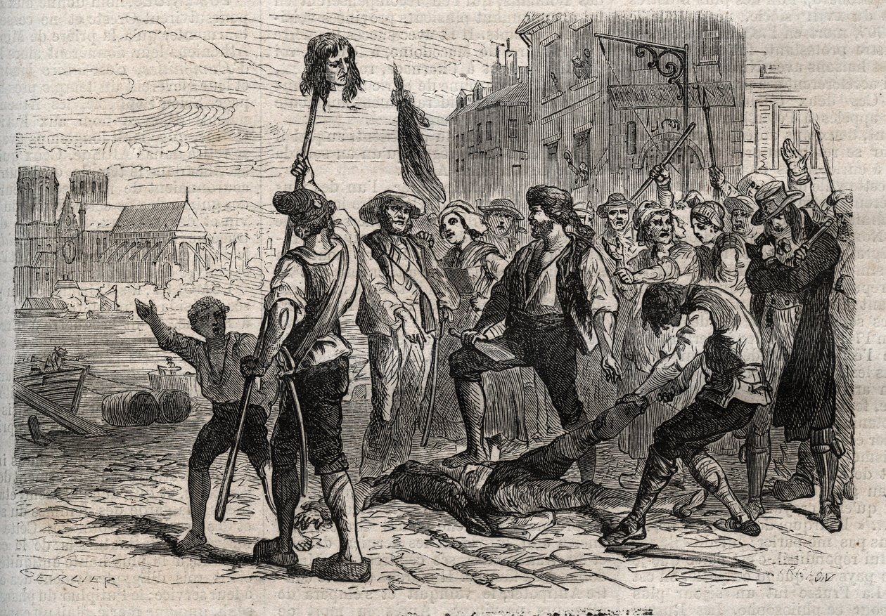 Fransk revolusjon: Død av Jacques de Flesselles, grev av Bregy (1730-1789), fransk administrator, prevot des marchands sur les degres de l'hotel de ville i Paris 14. juli 1789 - Dødsfallet til Jacques de Fleselles, prost for kjøpmenn i Paris av Gustave Dore
