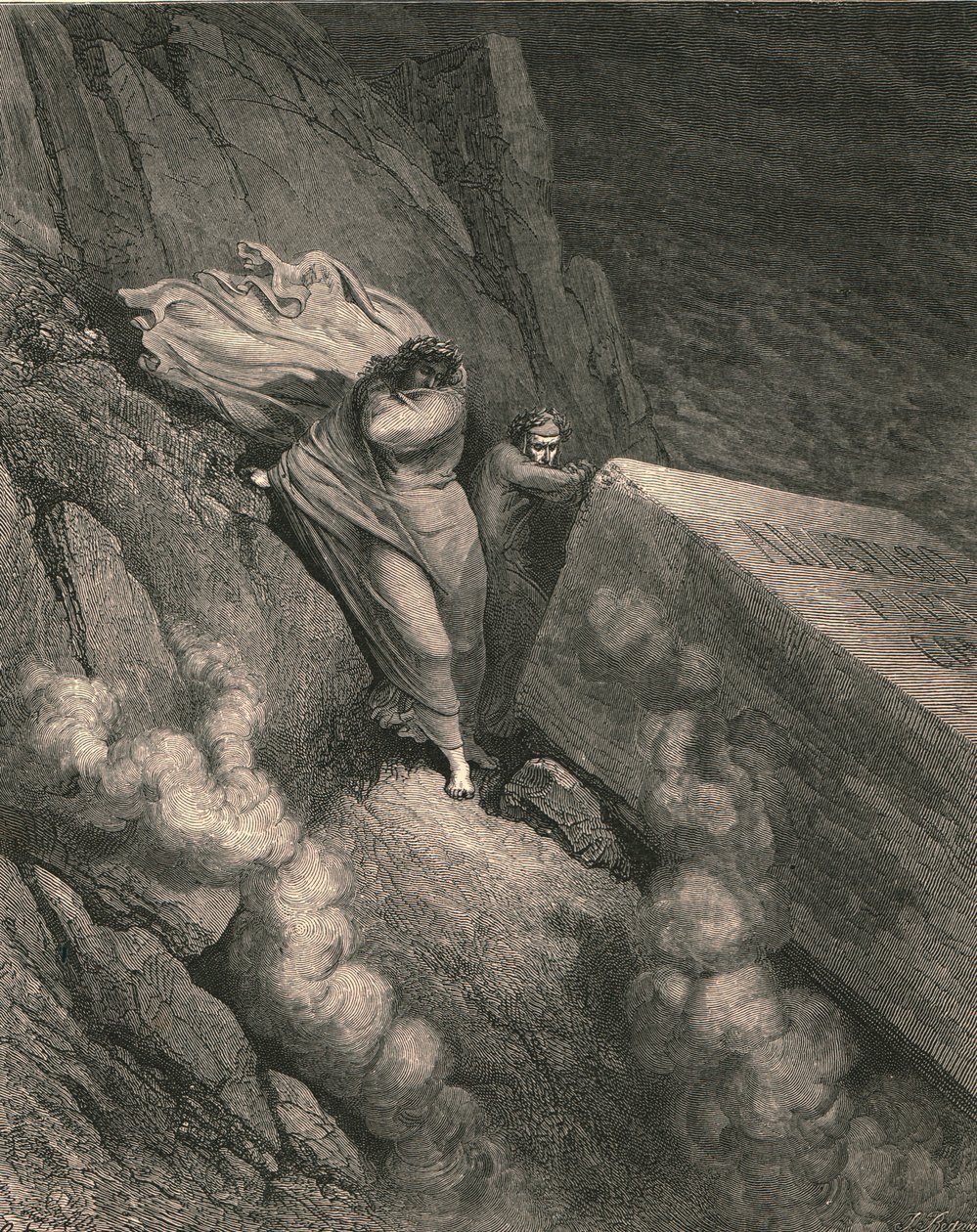 Fra den dype avgrunnen, bak lokket til et stort monument, sto vi pensjonert, c1890. av Gustave Dore