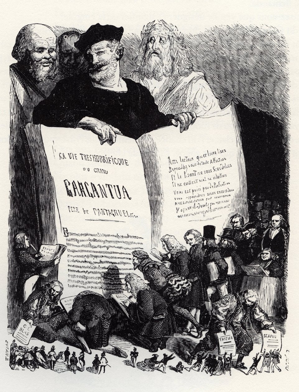 Frontispice av utgaven av 1854 - I selskap med eldgamle og moderne forfattere presenterer Rabelais sin andre roman - illustrasjon fra 