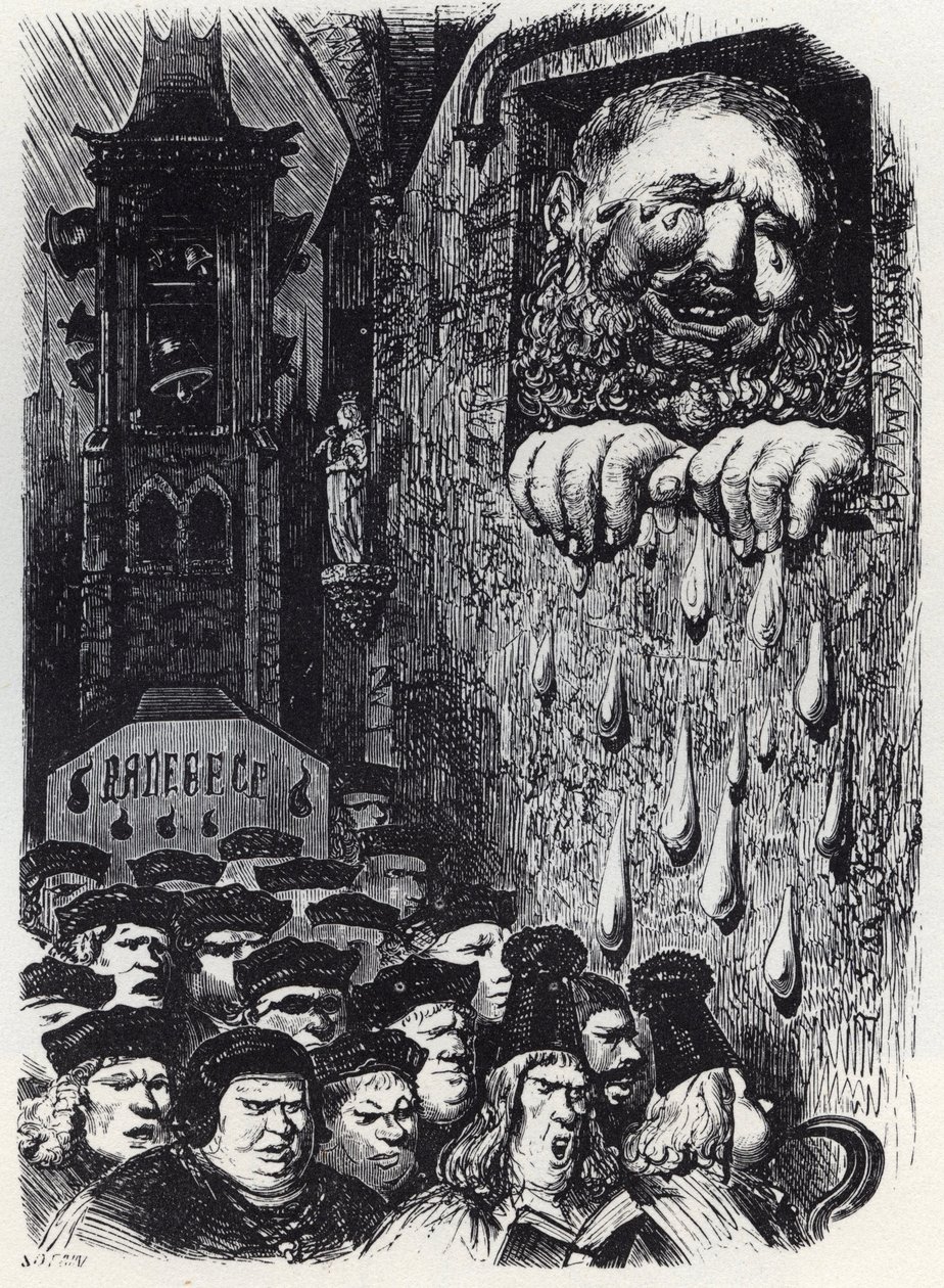 Gargantua sørger over sin kones død - Gargantua sørger over sin kone - illustrasjon fra 'Gargantua og Pantagruel', av Francois Rabelais - gravering av Gustave Dore (1832-1883) av Gustave Dore