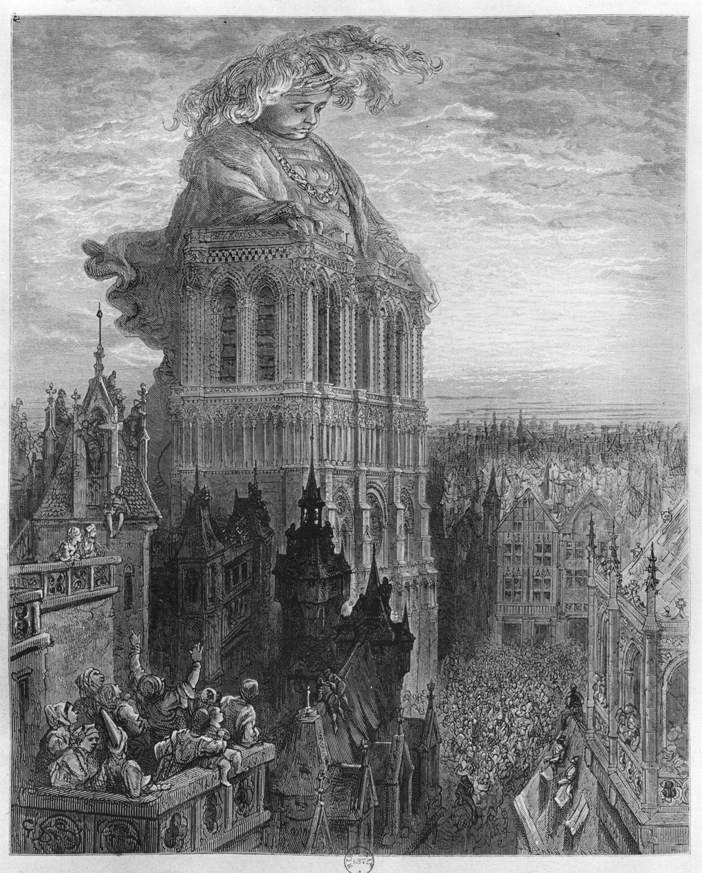 Gargantua på tårnene til Notre-Dame i Paris, illustrasjon fra 