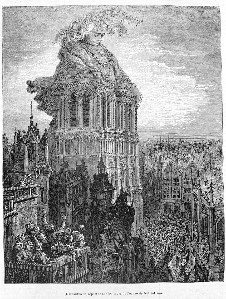 Gargantua hviler på tårnene til Vår Frue kirke. Gravering etter verket Gargantua av François Rabelais (1483 - 1553) av Gustave Dore