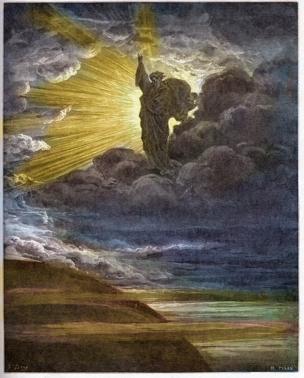 Gud skaper lys - Skapelsen av lys - Gamle testamente (1. Mosebok) - Skapelse av lys - gravering i "The Bible illustree" av Gustave Dore (1832-1883) - Gravering fra "The Dore Bible" av Gustave Dore