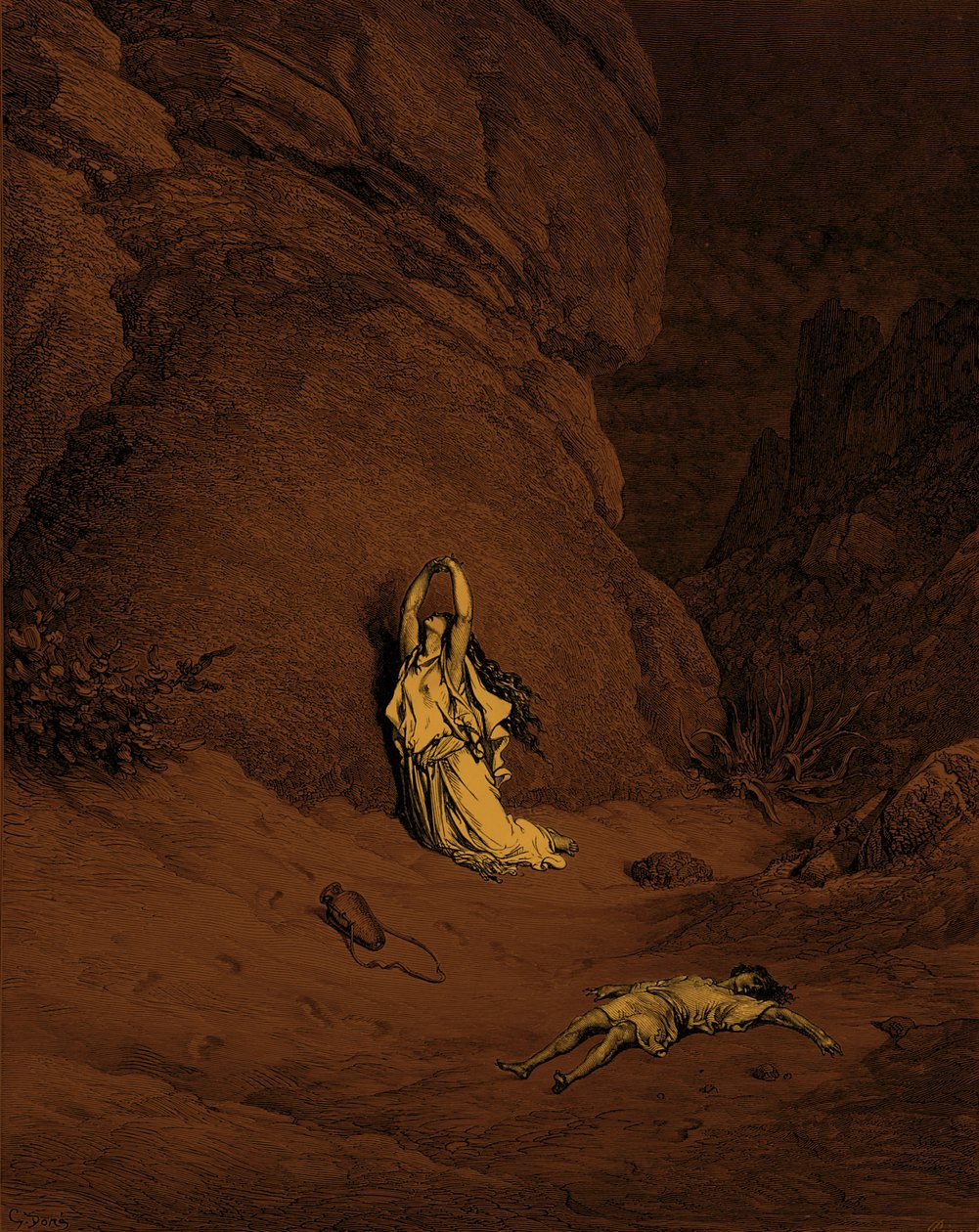 Hagar og Ismael, gravering av Doré. - Bibelen av Gustave Dore