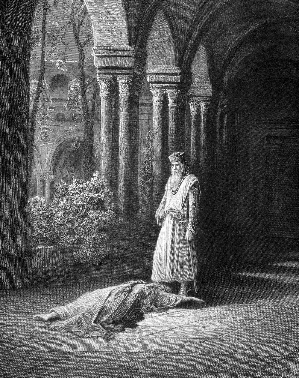 Han stoppet: Dronningen trakk seg litt mot ham, hun la hendene rundt føttene til mannen sin (Junièvre og kong Arthur) - i "Juniper" av Alfred Tennyson, syk. av Gustave Doré Paris, Librairie Hachette et Cie av Gustave Dore