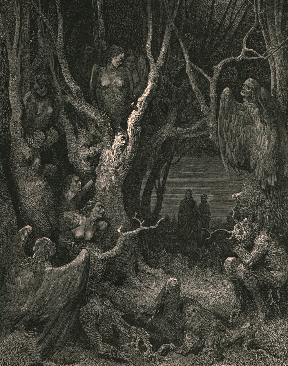 Her lager de brute harpiene reiret sitt, c1890. av Gustave Dore