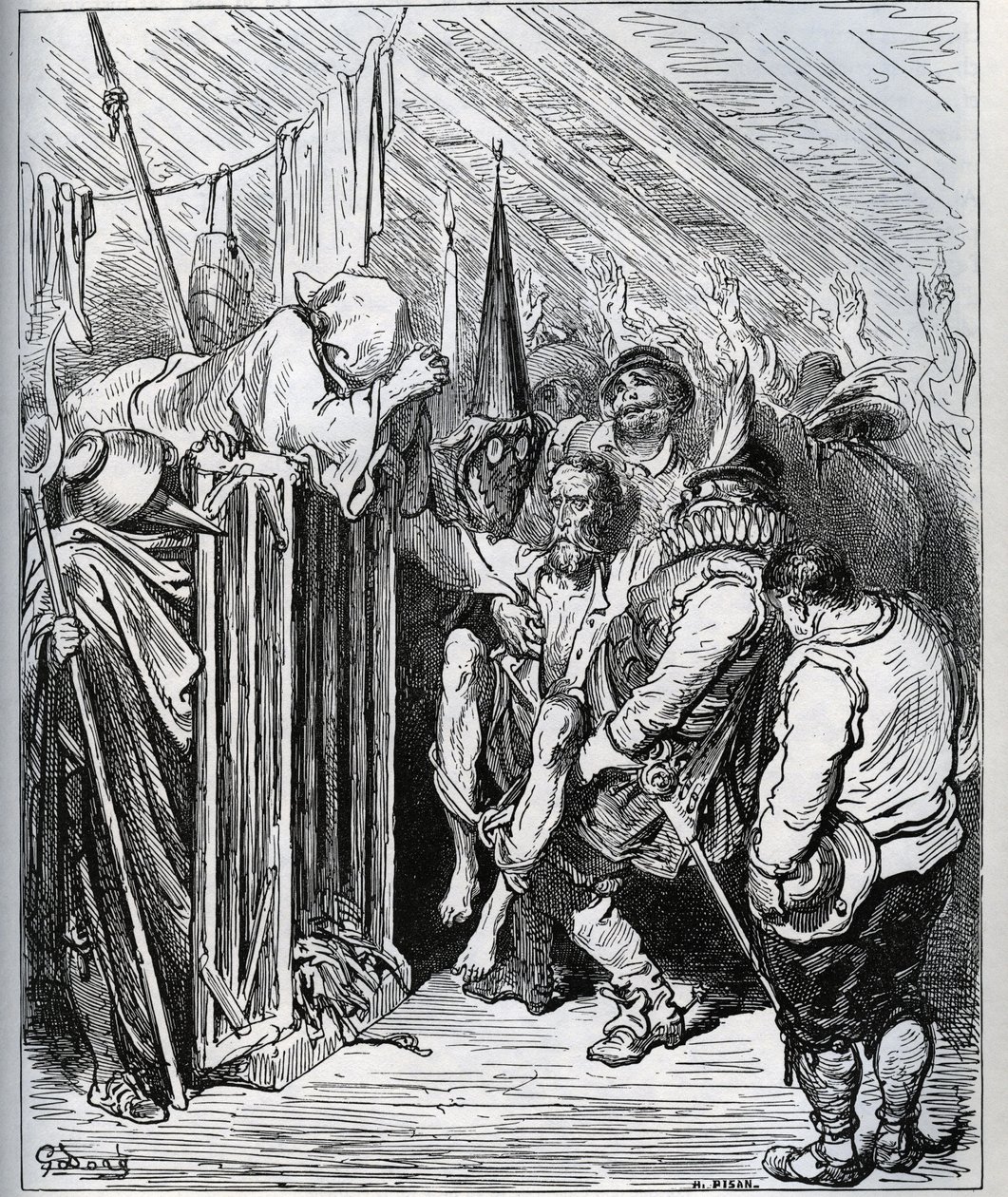 Hvordan bli kvitt Don Quijote. Folket i hotellbutikken bestemte seg for å låse ham inne ved å få ham til å tro på en ny fortryllelse og en ny ridderlig test - fra «Don Quixote de la Mancha» av Miguel Cervantes (1547-1616) (Don Quixote) - Tresnitt etter teg av Gustave Dore