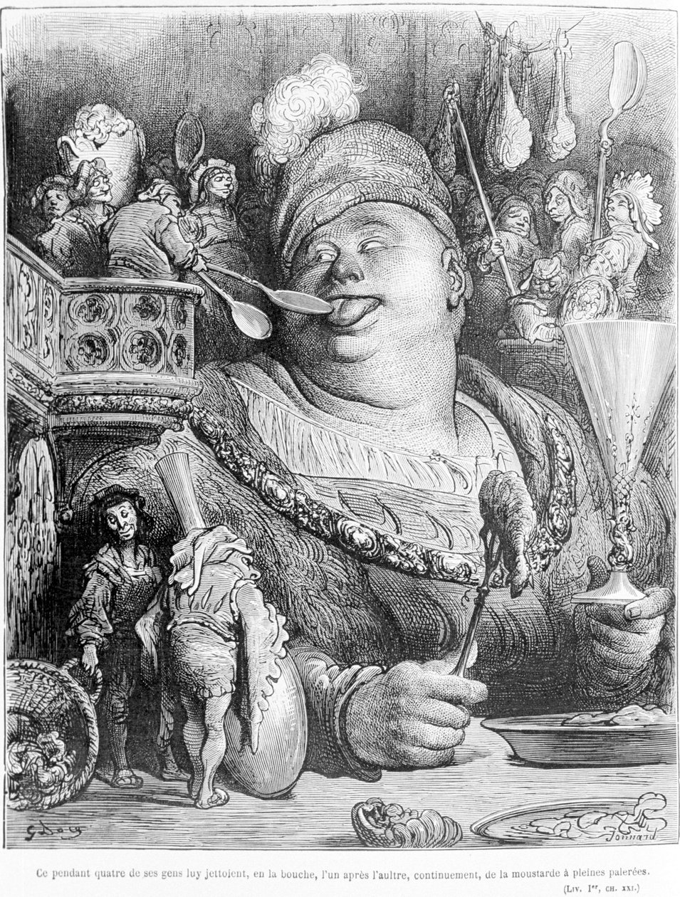 Imidlertid kastet fire av hans folk sennep i munnen hans, den ene etter den andre, kontinuerlig, full-spaded. Utdrag fra Gargantua av François Rabelais (1483 - 1553), gravering av Gustave Dore (1832-1883). av Gustave Dore
