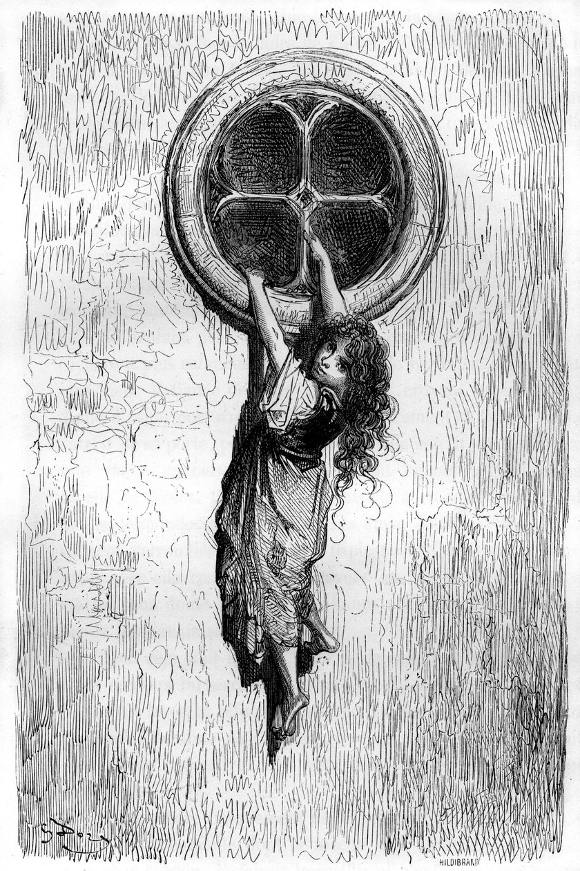 Illustrasjon av Gustave Dore til romanen «Le Capitaine Fracasse» av Theophile Gautier (1811–1872). Smidig som en katt og tynn som en slange, går den unge Chiquita gjennom et vindu for å bli med Isabelle, fangen. av Gustave Dore