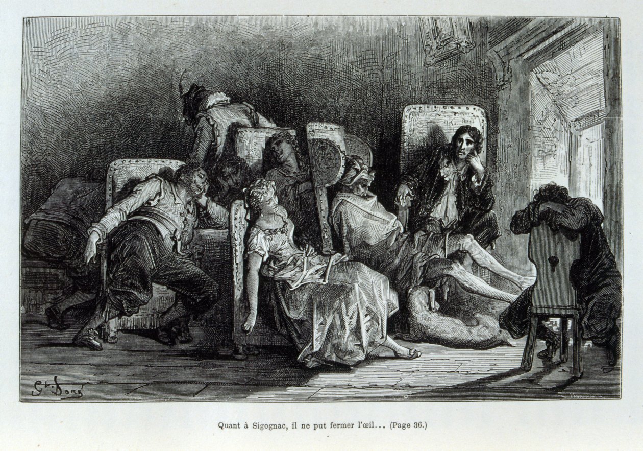 Illustrasjon som viser 'Captain Fracasse' en karakter av commedia dell'arte av Theophile Gautier. Av Dore (gravering) av Gustave Dore