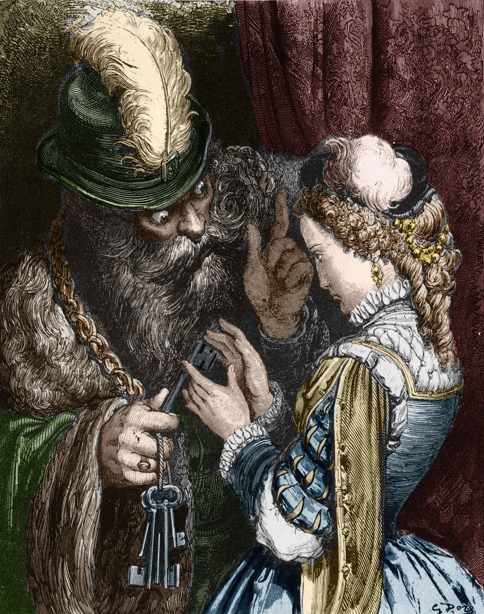 Illustrasjon for "Bluebeard" av Charles Perrault, 1893 av Gustave Dore