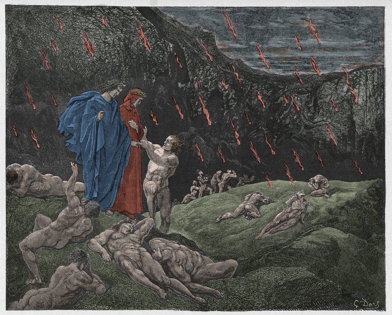 Inferno, Canto 15: Brunetto Latini tiltaler Dante, illustrasjon fra "The Divine Comedy" av Dante Alighieri, 1885 av Gustave Dore
