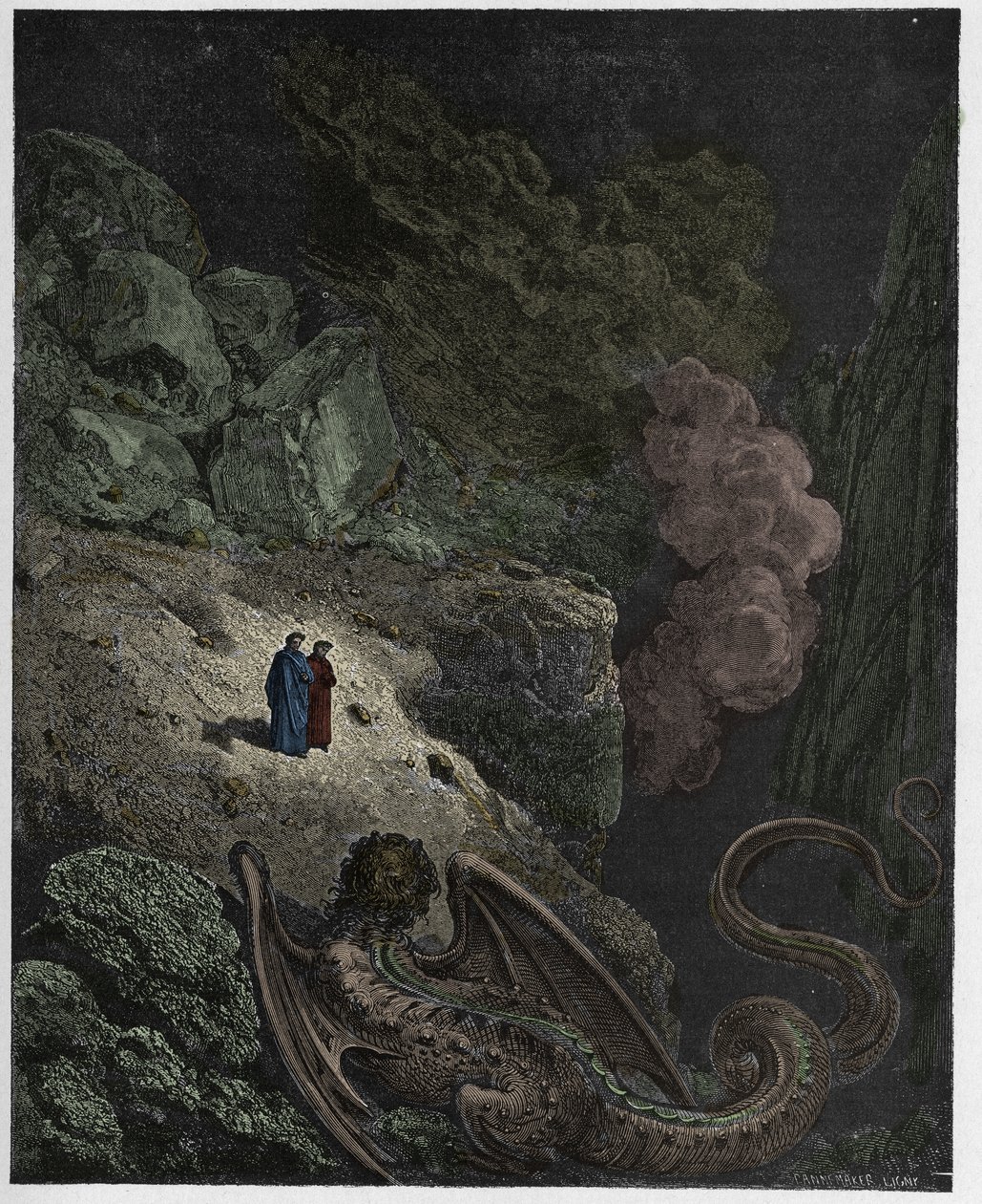 Inferno, Canto 17 : Geryon, symbol på bedrag, illustrasjon fra "The Divine Comedy" av Dante Alighieri, 1885 av Gustave Dore