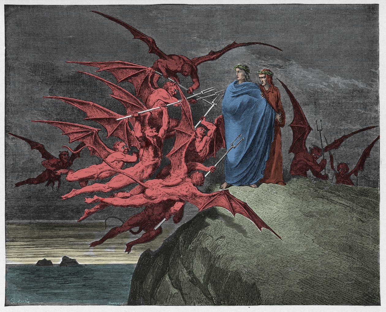Inferno, Canto 21: Demonene truer Virgil, illustrasjon fra "The Divine Comedy" av Dante Alighieri, 1885 av Gustave Dore