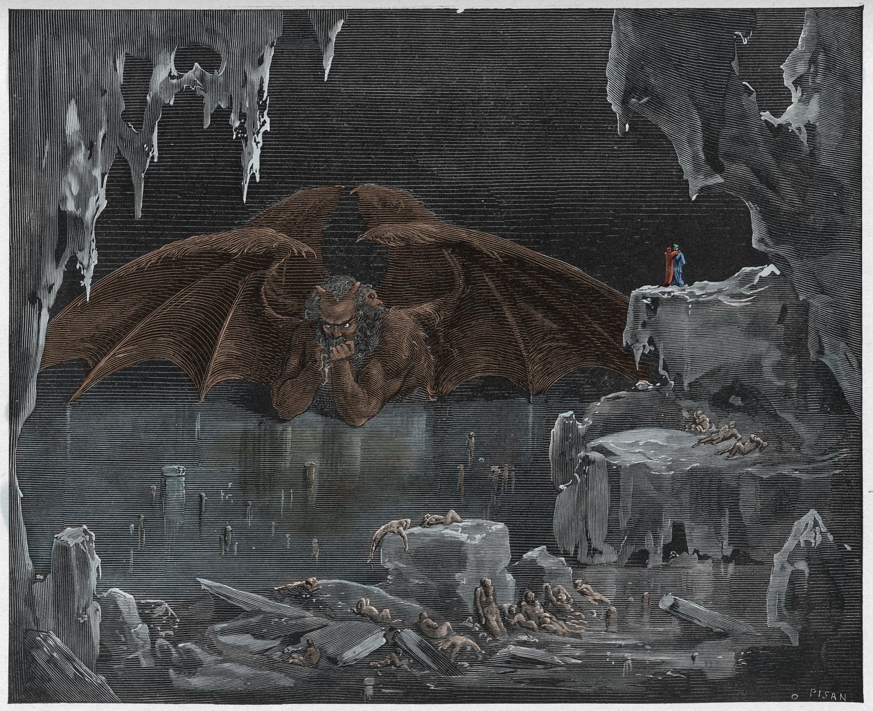 Inferno, Canto 34 : Lucifer, kongen av helvete, frosset i isen, illustrasjon fra "Den guddommelige komedie" av Dante Alighieri, 1885 av Gustave Dore