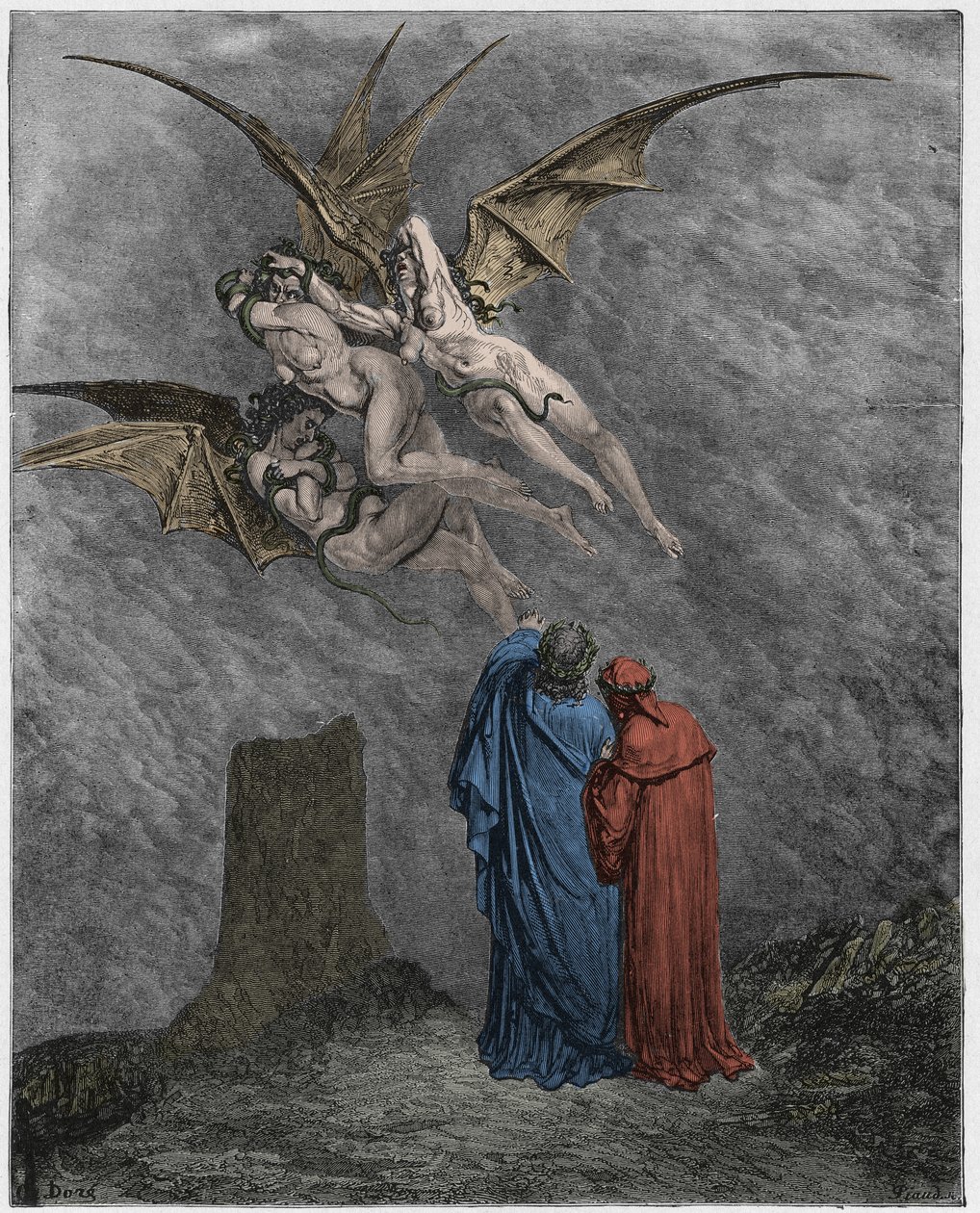Inferno, Canto 9: The heseous Erinyes: Megaera, Tisiphone, Alecto av Gustave Dore