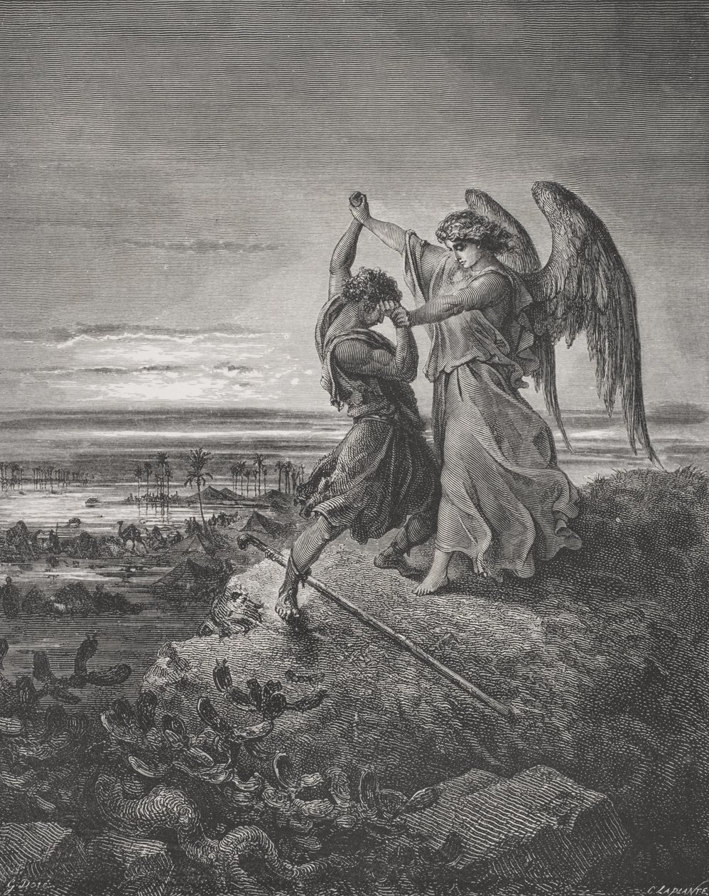 Jacob Wrestling with the Angel, 1. Mosebok 32:24-32, illustrasjon fra Dores 