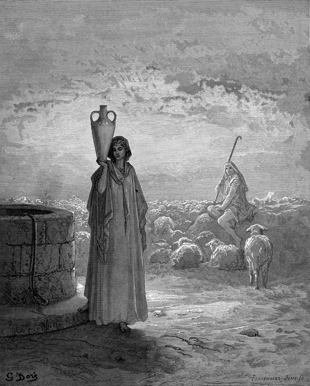 Jakob, som holder Labans flokker, ser Rachel ved brønnen, 1866 av Gustave Dore