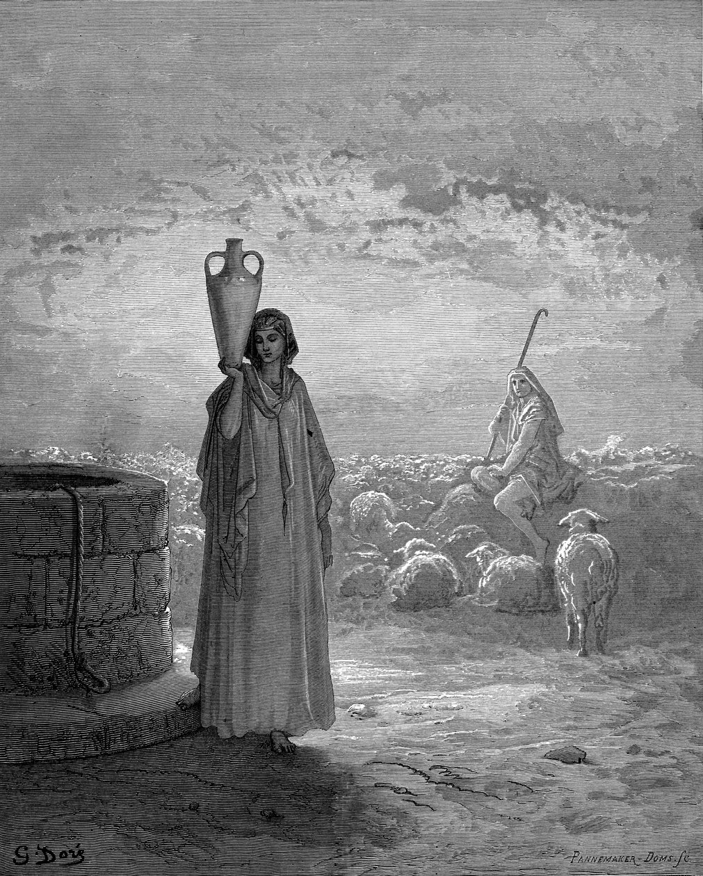 Jakob, som holder Labans småfe, ser Rakel ved brønnen. 1. Mosebok 29. Fra Gustave Dores illustrerte bibel 1866. Trestikk av Gustave Dore