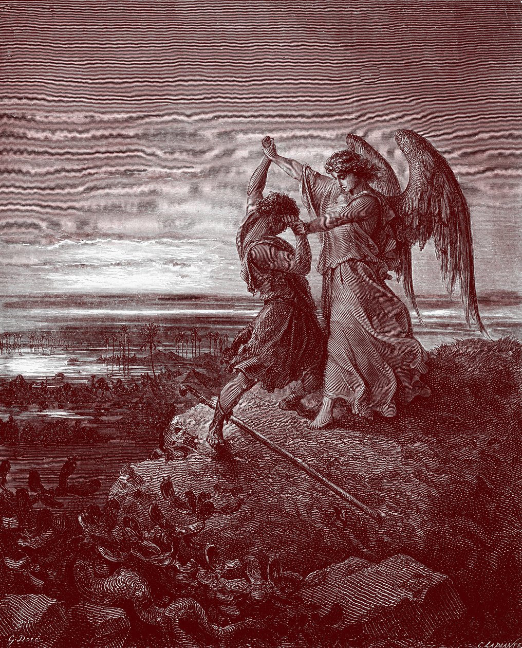 Jakob som bryter med engelen, av Doré. - Bibelen av Gustave Dore