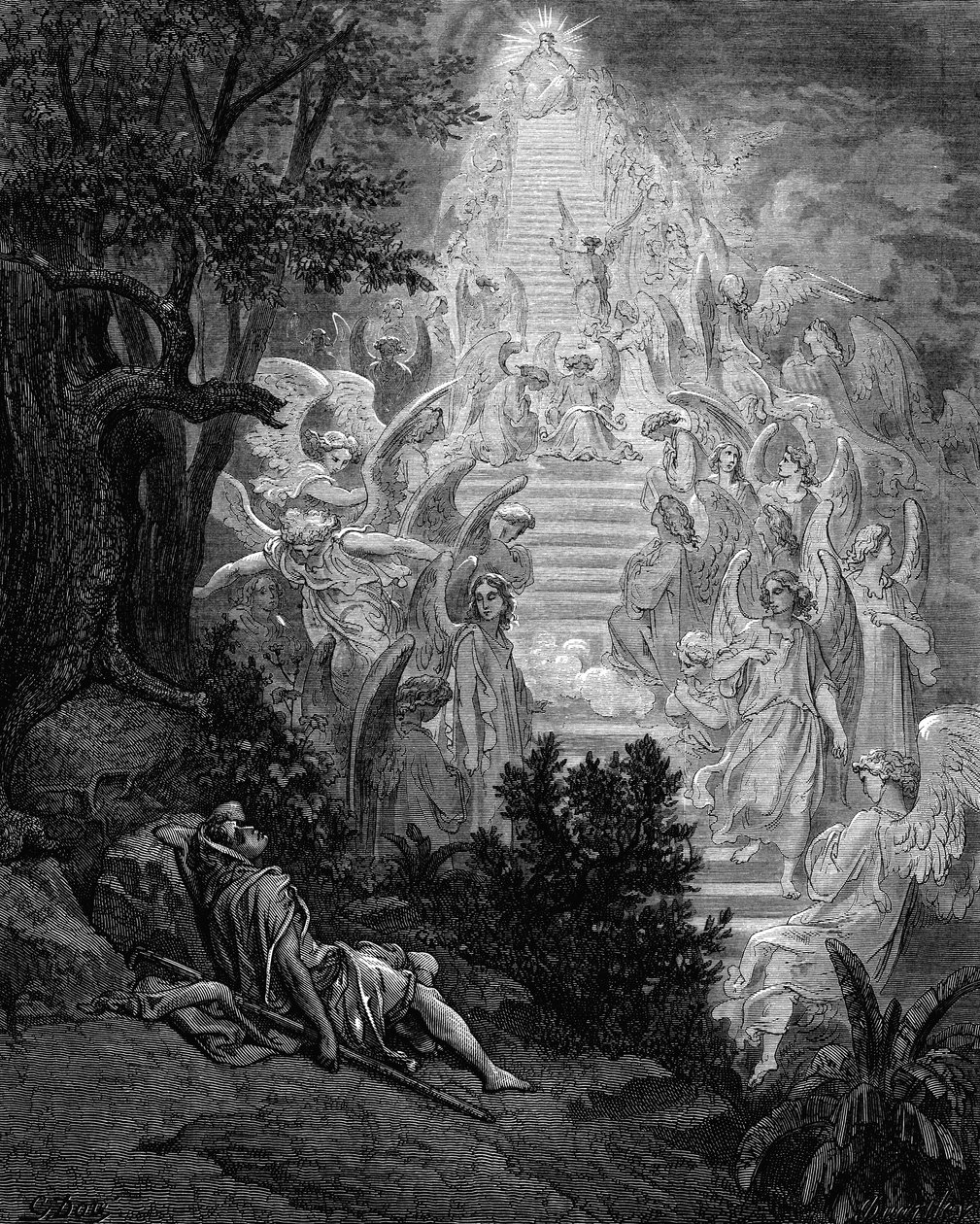 Jacobs drømmer om en trapp som fører til himmelen med Gud på toppen, 1865-1866 av Gustave Dore