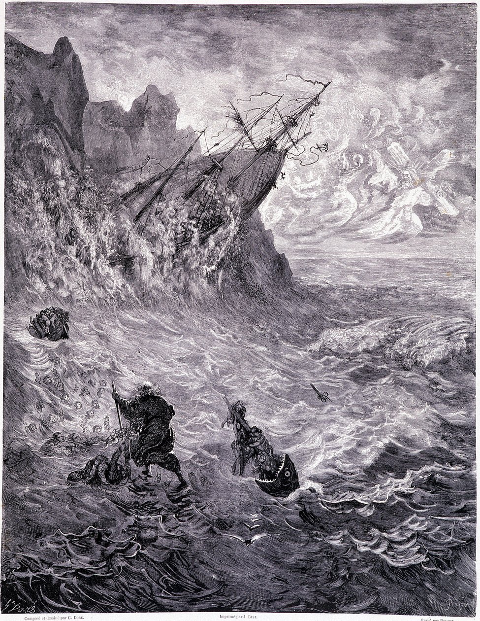 I cross the sea... plate X - Illustrasjon av Gustave Dore (1832-1883), for La legende du Jeif wandering av Pierre Dupont, utgave Librairie du Magasin Picturesque, Paris 1862 av Gustave Dore