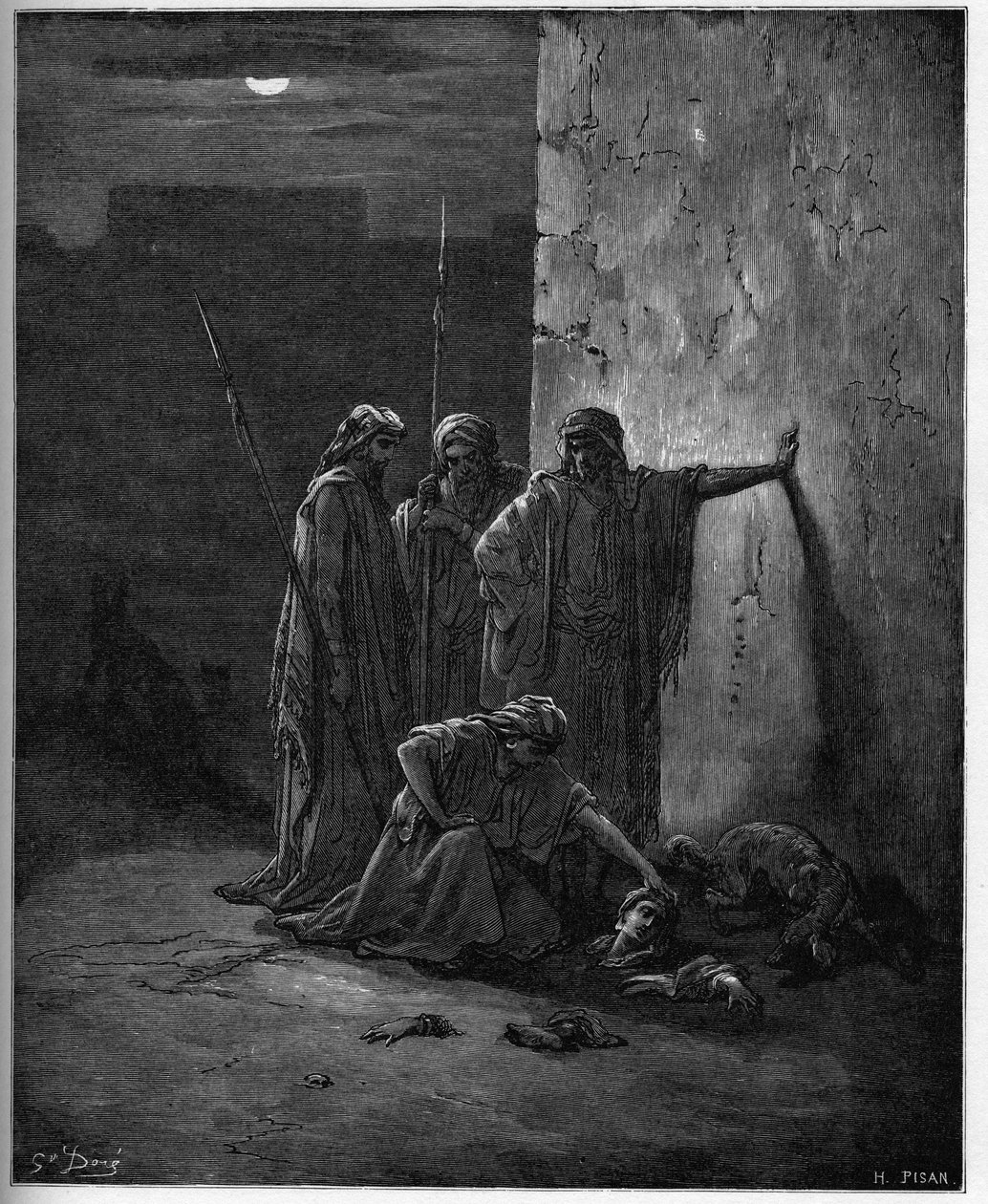 Jehus følgesvenner finner restene av Jesabel"" - tregravering i Bibelen av Gustave Dore - Jehus ledsagere finner Jezabels hode og ytterpunkter - gravering i "The Bible illustree" av Gustave Dore (1832-1883) - Gravering fra "" The Dore Bible "" av Gustave Dore