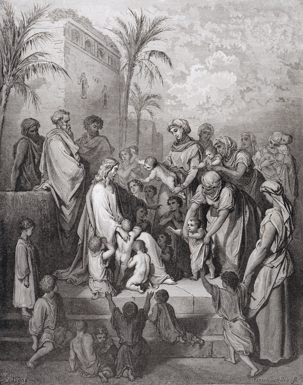 Jesus Blessing the Children, gravert av Stephane Pannemaker (1847-1930) ca. 1868 av Gustave Dore