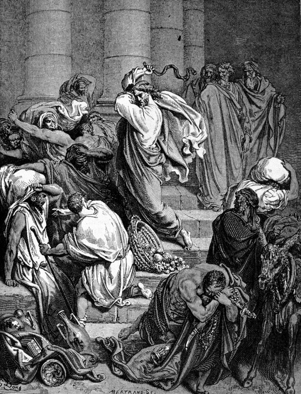 Jesus Kristus jager kjøpmennene i templet. Illustrasjon av Gustave Doré. av Gustave Dore