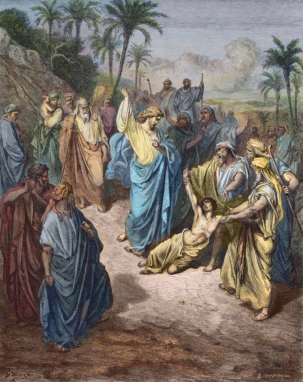 Jesus Kristus som kjemper mot en ung besatt av demonen - Jesus helbreder galningen - Fargegravering etter Gustave Dore. av Gustave Dore