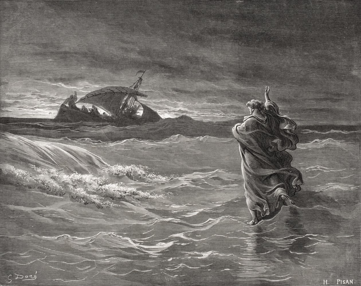 Jesus Walking on the Sea, Johannes 6:19-21, illustrasjon fra Dores 
