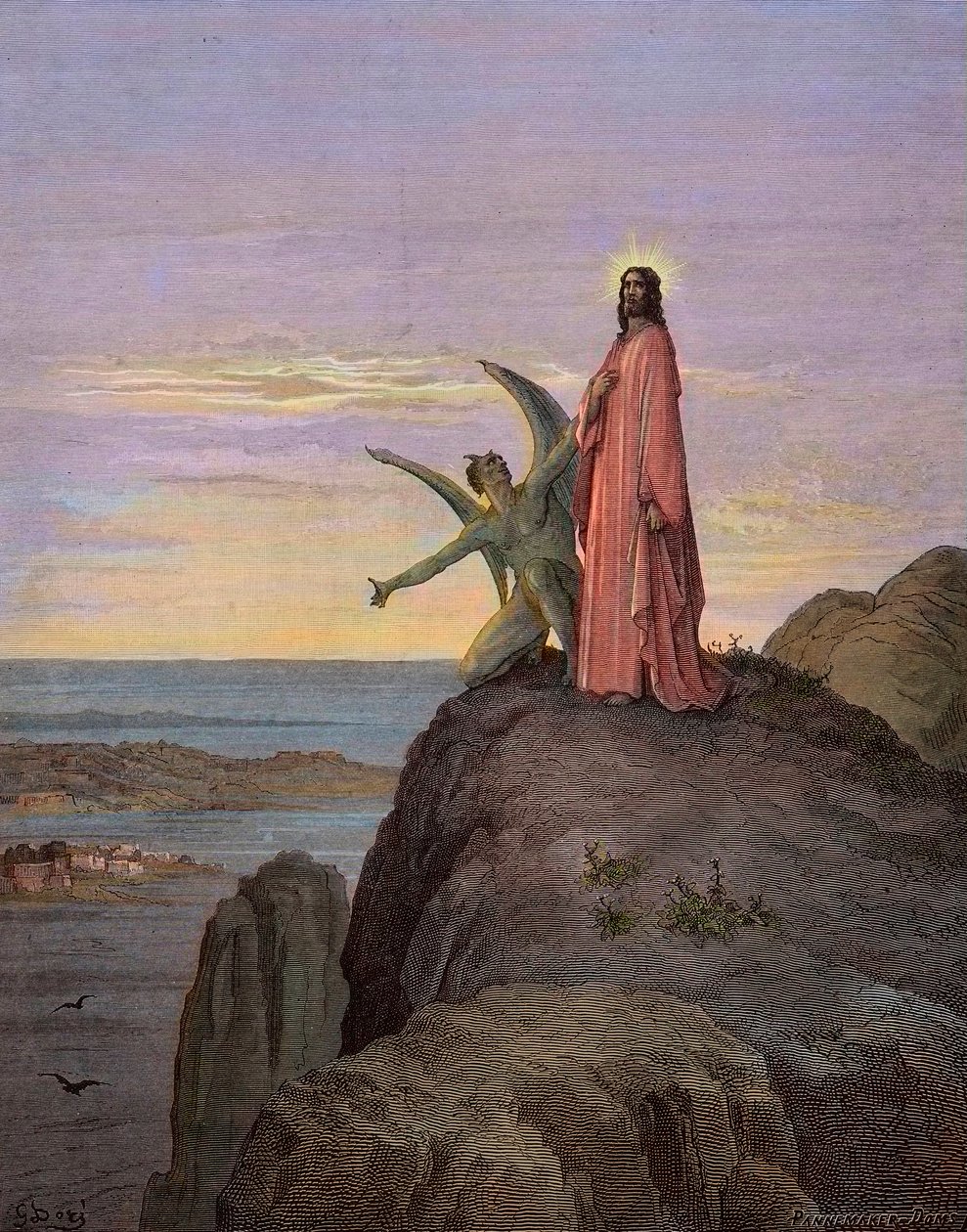 Jesus i ørkenen, utsatt for djevelens fristelse - Kristi fristelse - Satan fristet Jesus - gravering av Gustave Dore - senere fargelegging av Gustave Dore