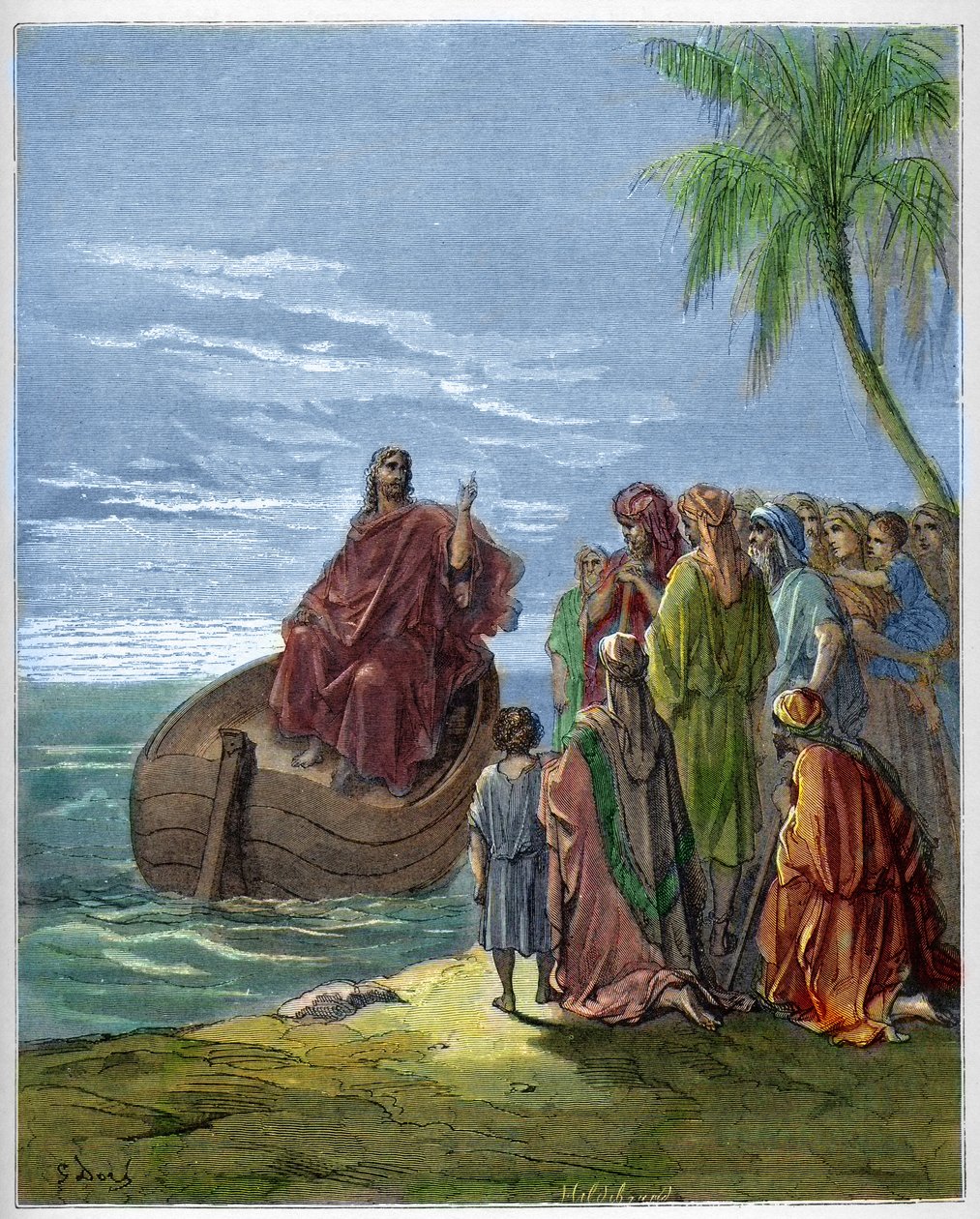 Jesus prechant on Lake Genezareth (Genesareth, Ginosar or Kinneret) (Lake Tiberiad) (Sea of Galilee) - Jesus Preaching at the Sea of Galilee - - engraving in “The Bible illustree” by Gustave Dore (1832-1883) - Engraving from “” The Dore Bible”” av Gustave Dore
