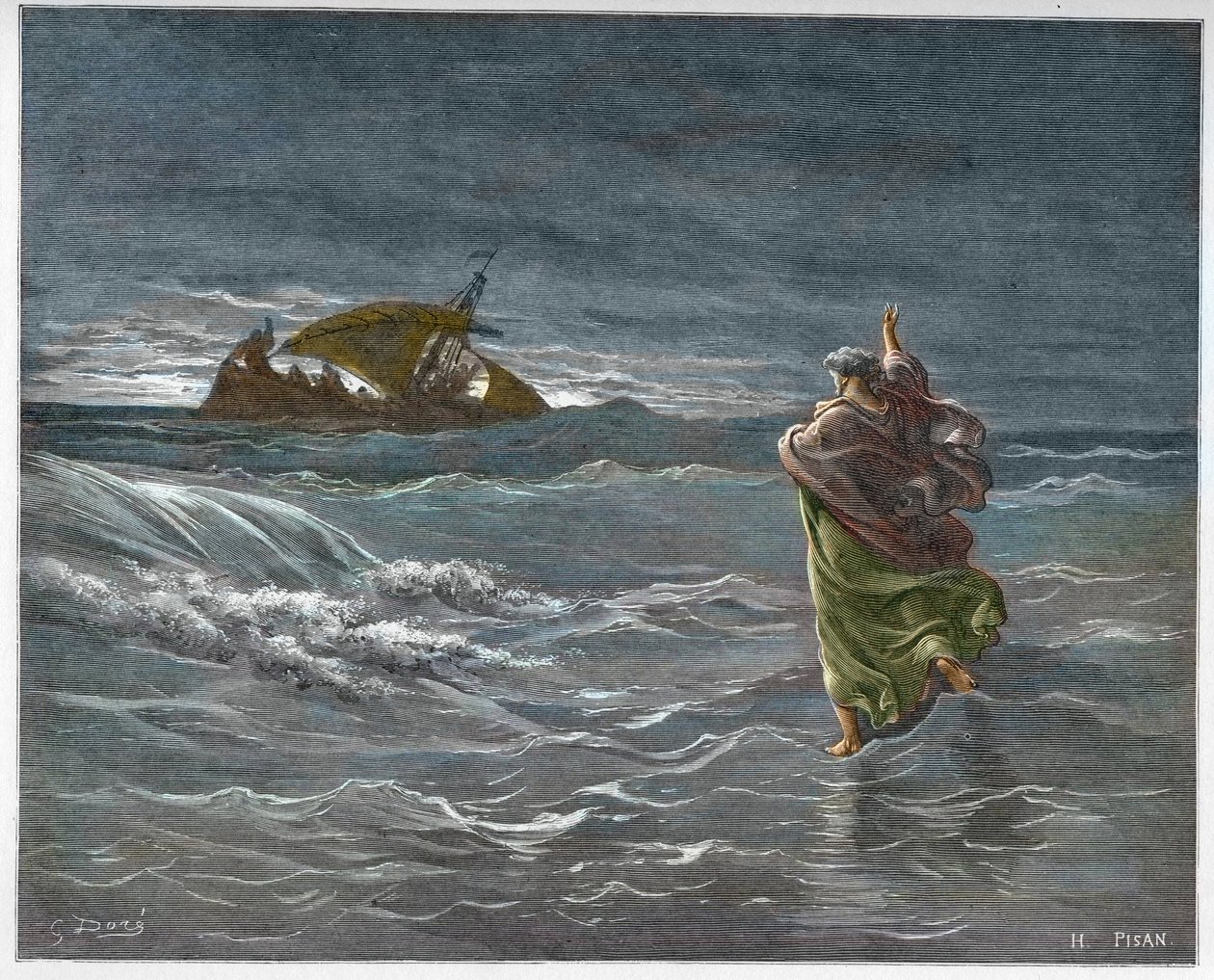 Jesus walking on the waters of Lake Tiberiade - Jesus Walking on the Sea (water) - engraving in “” The Bible illustree”” by Gustave Dore (1832-1883) - Engraving from “” The Dore Bible”” av Gustave Dore