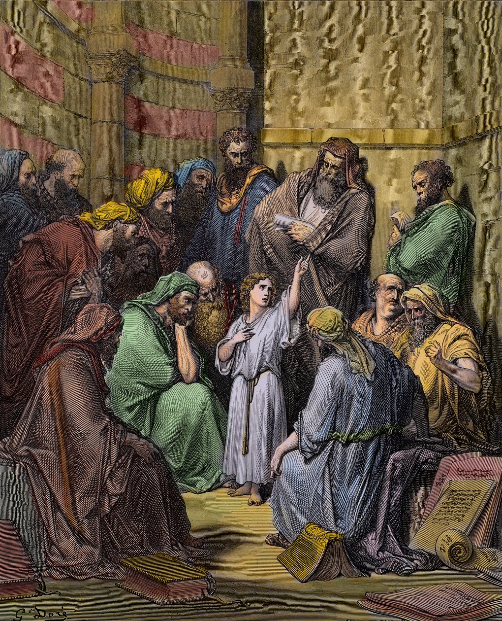 Jesus med legene i tempelet - Jesus ved tempelet blant legene - gravering av Gustave Dore (1832-1883) - senere fargelegging av Gustave Dore